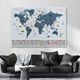 Ülke Başkentli ve Bayraklı Türkçe Dünya Haritası Dekoratif Kanvas Tablo, Duvar Dekoru 1920