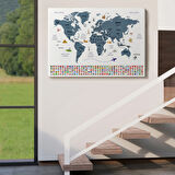 Ülke Başkentli ve Bayraklı Türkçe Dünya Haritası Dekoratif Kanvas Tablo, Duvar Dekoru 1920