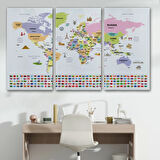 Ülke Başkentli ve Bayraklı İngilizce Dünya Haritası Dekoratif Kanvas Tablo, Duvar Dekoru 1925