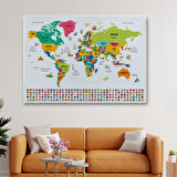 Ünlü Yerler, Ülke Bayrakları, Türkçe Dünya Haritası Dekoratif Kanvas Tablo, Duvar Dekoru 1950