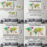 Ünlü Yerler, Ülke Bayrakları, Türkçe Dünya Haritası Dekoratif Kanvas Tablo, Duvar Dekoru 1950