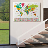 Ünlü Yerler, Ülke Bayrakları, Türkçe Dünya Haritası Dekoratif Kanvas Tablo, Duvar Dekoru 1950