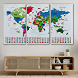 Ülke Başkentli ve Bayraklı Türkçe Dünya Haritası Dekoratif Kanvas Tablo, Duvar Dekoru 1962