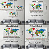 Ülke Başkentli ve Bayraklı Türkçe Dünya Haritası Dekoratif Kanvas Tablo, Duvar Dekoru 1962