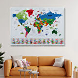 Ülke Başkentli ve Bayraklı İngilizce Dünya Haritası Dekoratif Kanvas Tablo, Duvar Dekoru 1963