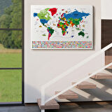 Ülke Başkentli ve Bayraklı İngilizce Dünya Haritası Dekoratif Kanvas Tablo, Duvar Dekoru 1963