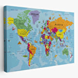 Detaylı ve Okyanuslu İngilizce Dünya Haritası, Harita Dekoratif Kanvas Tablo, Duvar Dekoru 1990
