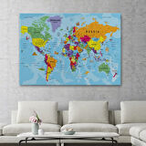 Detaylı ve Okyanuslu İngilizce Dünya Haritası, Harita Dekoratif Kanvas Tablo, Duvar Dekoru 1990