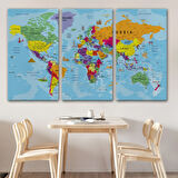 Detaylı ve Okyanuslu İngilizce Dünya Haritası, Harita Dekoratif Kanvas Tablo, Duvar Dekoru 1990