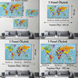 Detaylı ve Okyanuslu İngilizce Dünya Haritası, Harita Dekoratif Kanvas Tablo, Duvar Dekoru 1990