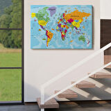 Detaylı ve Okyanuslu İngilizce Dünya Haritası, Harita Dekoratif Kanvas Tablo, Duvar Dekoru 1990