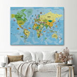 Detaylı Türkçe Dünya Haritası, Harita Dekoratif Kanvas Tablo, Duvar Dekoru 1991
