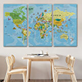 Detaylı İngilizce Dünya Haritası, Harita Dekoratif Kanvas Tablo, Duvar Dekoru 1992