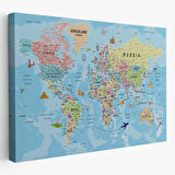 Detaylı İngilizce Dünya Haritası, Harita Dekoratif Kanvas Tablo, Duvar Dekoru 2013