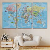 Detaylı İngilizce Dünya Haritası, Harita Dekoratif Kanvas Tablo, Duvar Dekoru 2013