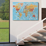 Detaylı İngilizce Dünya Haritası, Harita Dekoratif Kanvas Tablo, Duvar Dekoru 2015