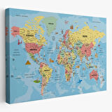 Detaylı Türkçe Dünya Haritası, Harita Dekoratif Kanvas Tablo, Duvar Dekoru 2018