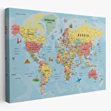 Ünlü Yerler Eğitici İngilizce Dünya Haritası Dekoratif Kanvas Tablo, Duvar Dekoru 2019