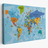Detaylı İngilizce Dünya Haritası, Harita Dekoratif Kanvas Tablo, Duvar Dekoru 2041