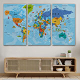 Detaylı İngilizce Dünya Haritası, Harita Dekoratif Kanvas Tablo, Duvar Dekoru 2041