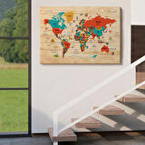 Detaylı Ahşap Görünümlü Türkçe Dünya Haritası Dekoratif Kanvas Tablo, Duvar Dekoru 2070