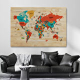 Detaylı Ahşap Görünümlü İngilizce Dünya Haritası Dekoratif Kanvas Tablo, Duvar Dekoru 2071