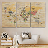 Detaylı Ahşap Görünümlü İngilizce Dünya Haritası Dekoratif Kanvas Tablo, Duvar Dekoru 2083