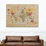 Detaylı Ahşap Görünümlü İngilizce Dünya Haritası Dekoratif Kanvas Tablo, Duvar Dekoru 2089