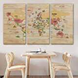 Detaylı Ahşap Görünümlü İngilizce Dünya Haritası Dekoratif Kanvas Tablo, Duvar Dekoru 2089
