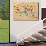 Detaylı Ahşap Görünümlü İngilizce Dünya Haritası Dekoratif Kanvas Tablo, Duvar Dekoru 2089