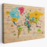 Detaylı Ahşap Görünümlü Türkçe Dünya Haritası Dekoratif Kanvas Tablo, Duvar Dekoru 2096