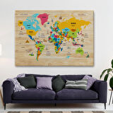 Detaylı Ahşap Görünümlü Türkçe Dünya Haritası Dekoratif Kanvas Tablo, Duvar Dekoru 2096
