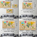 Detaylı Ahşap Görünümlü Türkçe Dünya Haritası Dekoratif Kanvas Tablo, Duvar Dekoru 2096