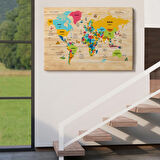 Detaylı Ahşap Görünümlü Türkçe Dünya Haritası Dekoratif Kanvas Tablo, Duvar Dekoru 2096