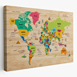 Detaylı Ahşap Görünümlü Türkçe Dünya Haritası Dekoratif Kanvas Tablo, Duvar Dekoru 2098