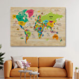 Detaylı Ahşap Görünümlü Türkçe Dünya Haritası Dekoratif Kanvas Tablo, Duvar Dekoru 2098