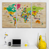Detaylı Ahşap Görünümlü Türkçe Dünya Haritası Dekoratif Kanvas Tablo, Duvar Dekoru 2098