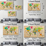 Detaylı Ahşap Görünümlü Türkçe Dünya Haritası Dekoratif Kanvas Tablo, Duvar Dekoru 2098