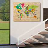 Detaylı Ahşap Görünümlü Türkçe Dünya Haritası Dekoratif Kanvas Tablo, Duvar Dekoru 2098