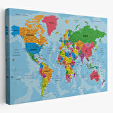 Detaylı Okyanuslu Türkçe Dünya Haritası, Harita Dekoratif Kanvas Tablo, Duvar Dekoru 2130