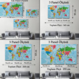 Detaylı Okyanuslu Türkçe Dünya Haritası, Harita Dekoratif Kanvas Tablo, Duvar Dekoru 2130