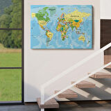 Detaylı Okyanuslu İngilizce Dünya Haritası, Harita Dekoratif Kanvas Tablo, Duvar Dekoru 2151