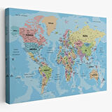 Okyanuslu Detaylı Eğitici Türkçe Dünya Haritası Dekoratif Kanvas Tablo, Duvar Dekoru 2160