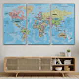 Okyanuslu Detaylı Eğitici Türkçe Dünya Haritası Dekoratif Kanvas Tablo, Duvar Dekoru 2160