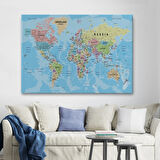 Detaylı Okyanuslu İngilizce Dünya Haritası, Harita Dekoratif Kanvas Tablo, Duvar Dekoru 2161