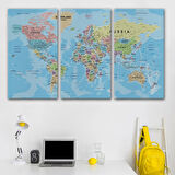 Detaylı Okyanuslu İngilizce Dünya Haritası, Harita Dekoratif Kanvas Tablo, Duvar Dekoru 2161