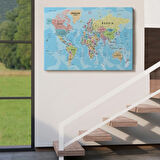Detaylı Okyanuslu İngilizce Dünya Haritası, Harita Dekoratif Kanvas Tablo, Duvar Dekoru 2161
