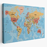 Detaylı Okyanuslu İngilizce Dünya Haritası, Harita Dekoratif Kanvas Tablo, Duvar Dekoru 2162