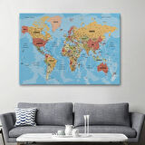 Detaylı Okyanuslu İngilizce Dünya Haritası, Harita Dekoratif Kanvas Tablo, Duvar Dekoru 2162