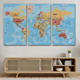 Detaylı Okyanuslu İngilizce Dünya Haritası, Harita Dekoratif Kanvas Tablo, Duvar Dekoru 2162